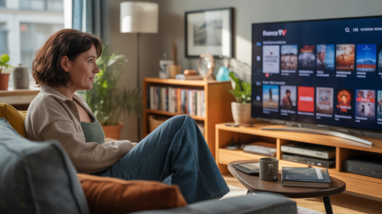 Personne dans un salon français regardant la plateforme France TV sur une télévision, dans un cadre chaleureux et réaliste.
