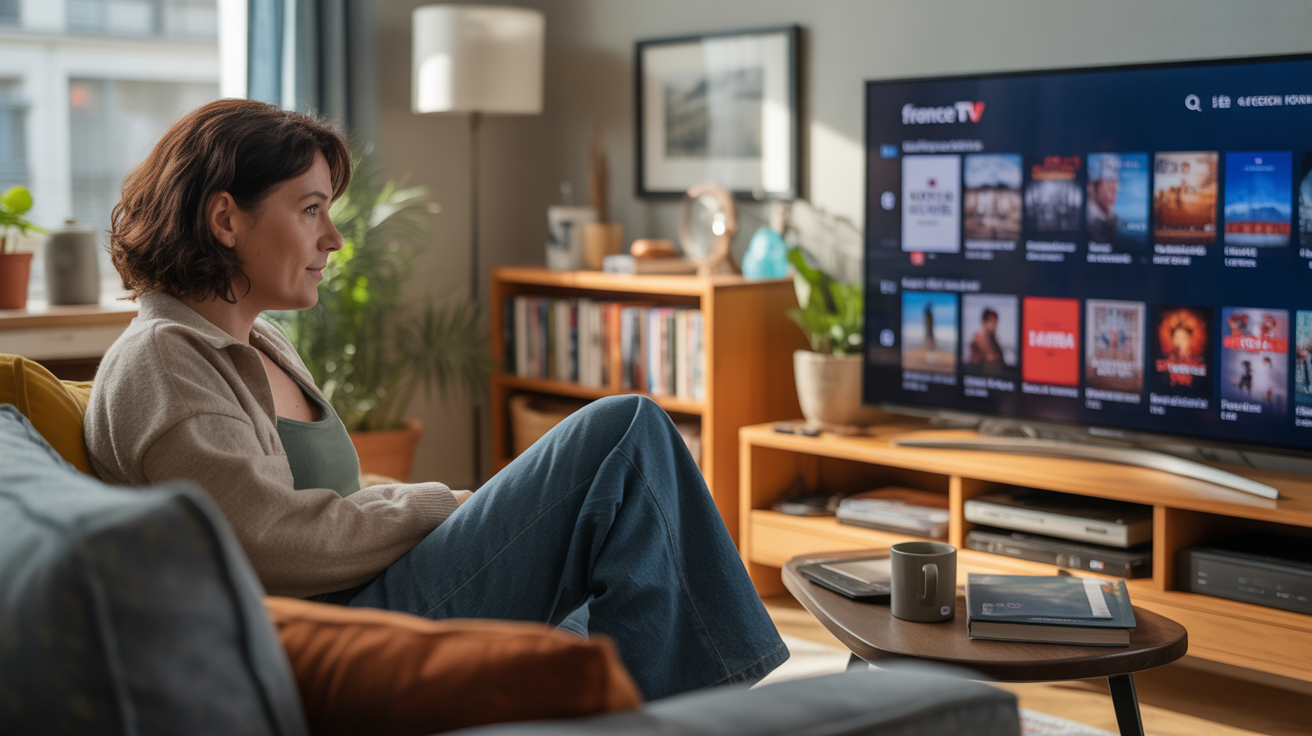 Personne dans un salon français regardant la plateforme France TV sur une télévision, dans un cadre chaleureux et réaliste.