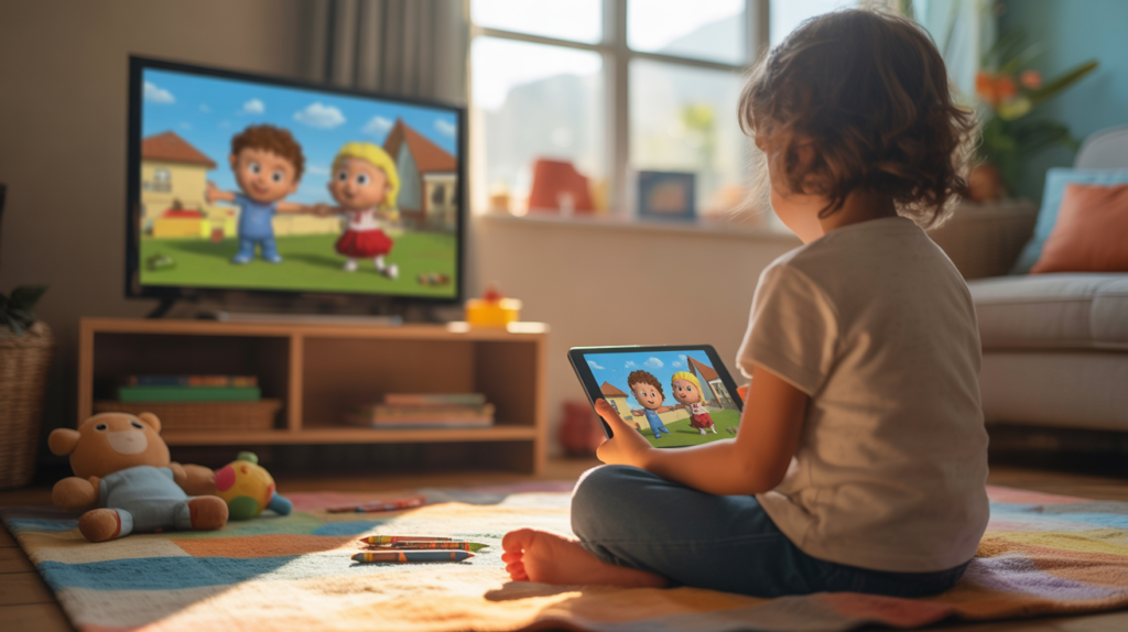 Enfant regardant un dessin animé sur une télévision et une tablette dans un salon chaleureux et réaliste.
