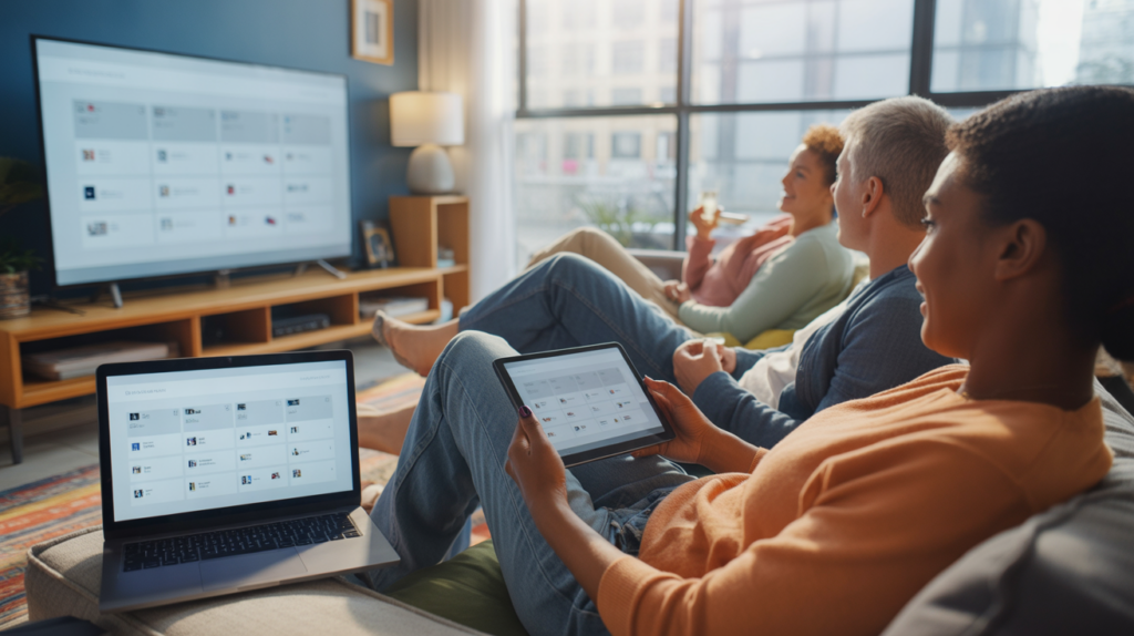 Scène réaliste dans un salon moderne où plusieurs personnes utilisent différents écrans affichant des interfaces de streaming génériques.