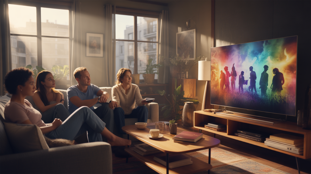 Salon moderne au petit matin avec une lumière naturelle, des personnes regardant une télévision affichant une interface abstraite évoquant de futures sorties, ambiance réaliste et chaleureuse.