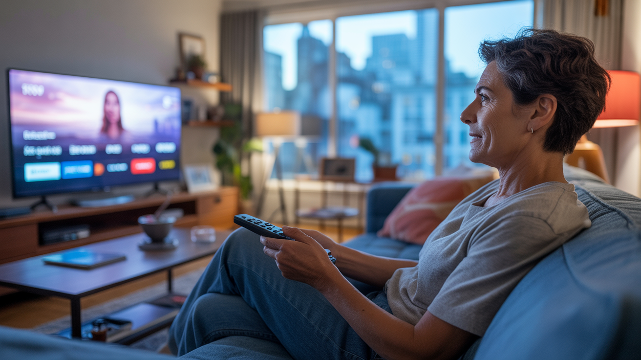 Personne regardant un écran de streaming dans un salon moderne et réaliste, suggérant l’évolution des abonnements Amazon Prime Video en 2026.