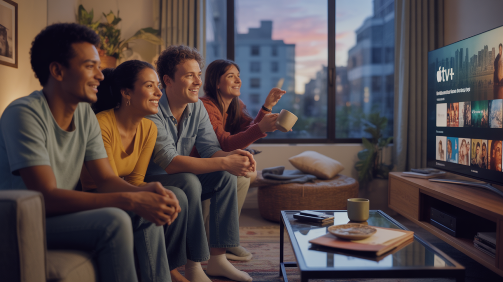 Scène réaliste d’un salon chaleureux où un groupe d’amis regarde ensemble la télévision dans une ambiance naturelle, évoquant la découverte des meilleures séries Apple TV+ en 2026.