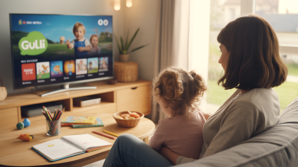 Intérieur familial chaleureux avec un parent et un enfant regardant la télévision affichant une interface enfantine, dans un salon réaliste et lumineux.