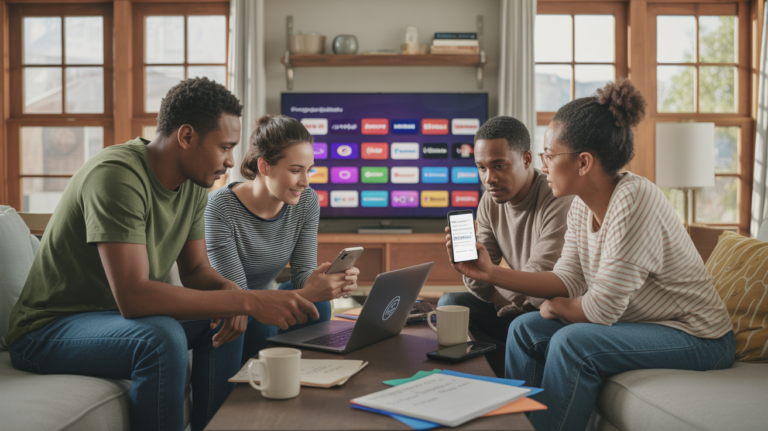Groupe de personnes dans un salon moderne comparant leurs abonnements streaming de manière réaliste.