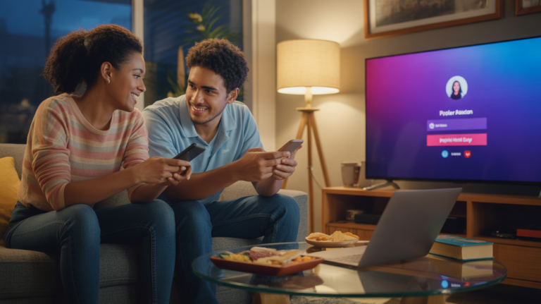 Deux jeunes adultes dans un salon chaleureux partagent de façon naturelle l’accès à un service de streaming devant une télévision allumée.