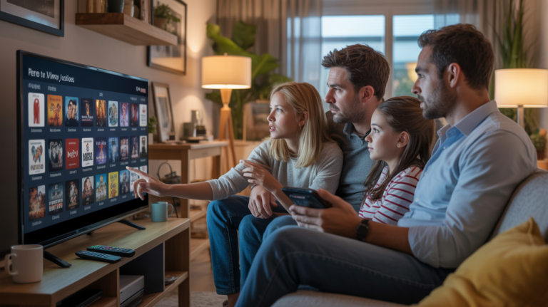 Scène réaliste d’un salon chaleureux où une famille consulte le programme télé de la semaine sur un écran, dans une ambiance naturelle et authentique.