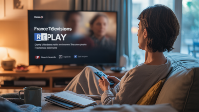 Salon français réaliste avec une personne regardant tranquillement un service de replay sur la télévision dans une ambiance chaleureuse.