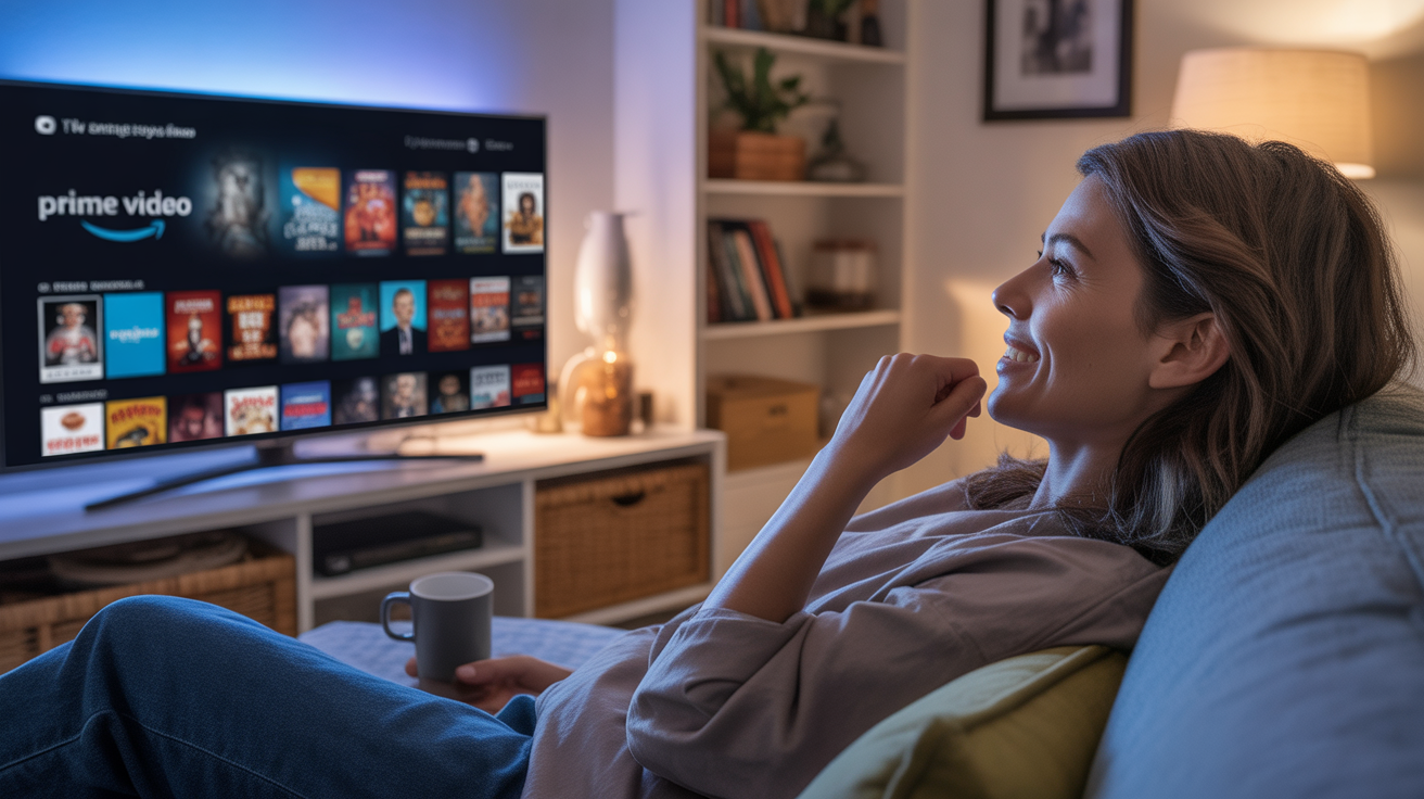 Scène réaliste d’un salon chaleureux où une personne regarde une plateforme de streaming sur une télévision moderne, ambiance naturelle et authentique.