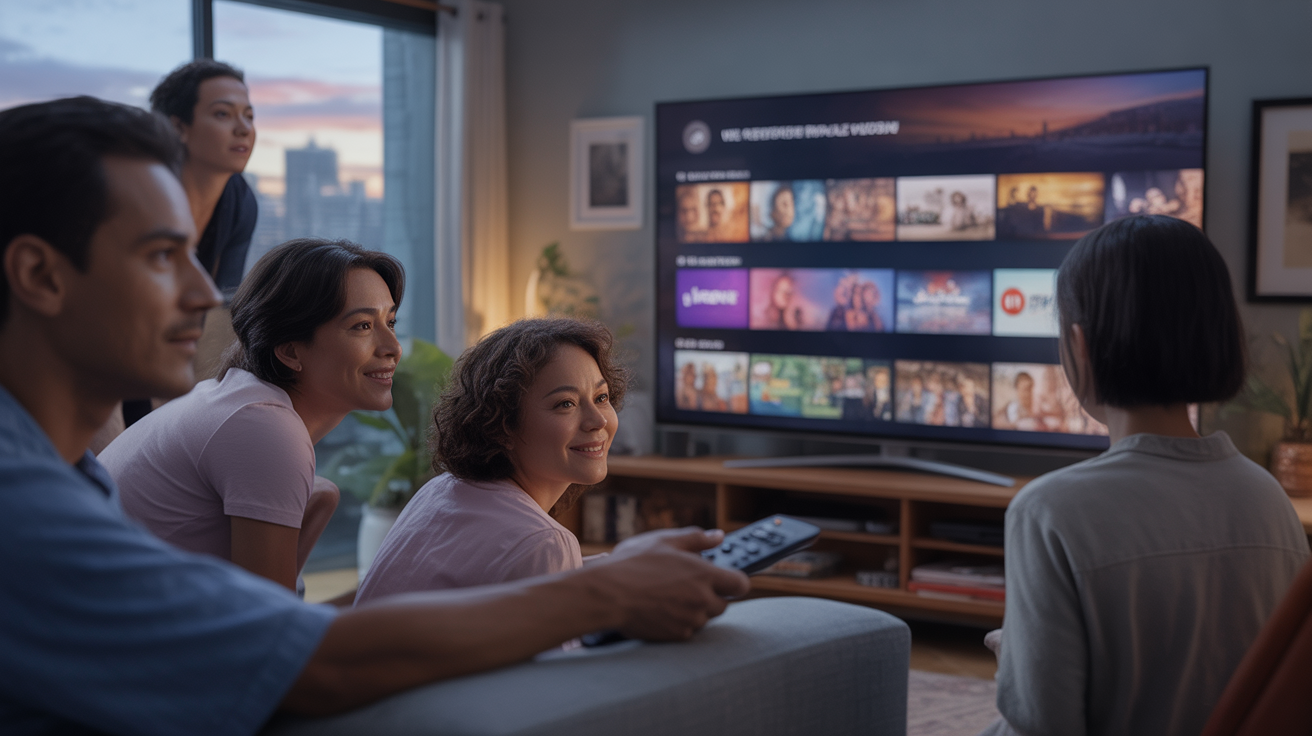 Salon réaliste en 2026 avec des personnes regardant diverses plateformes de streaming dans une ambiance naturelle et moderne.