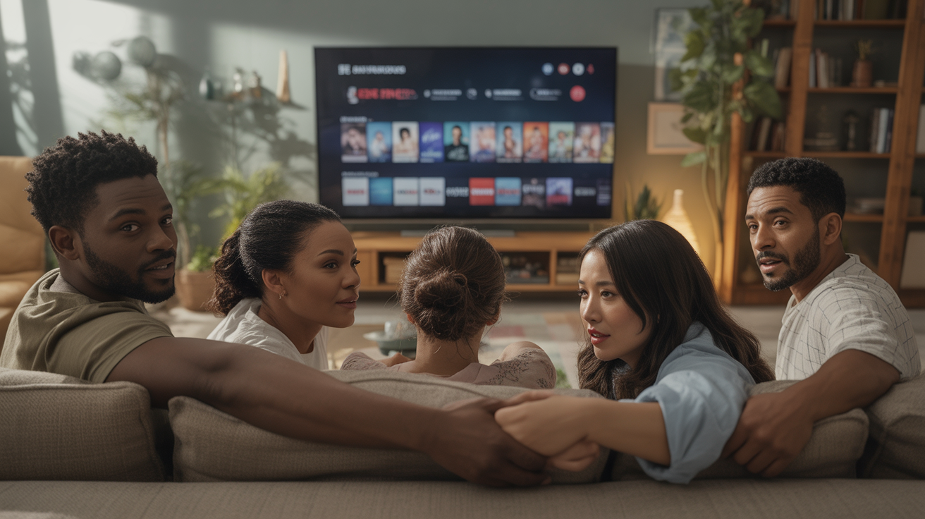 Scène réaliste d'un salon chaleureux où un groupe de personnes regarde ensemble une télévision affichant une interface de séries, dans une ambiance naturelle et authentique.