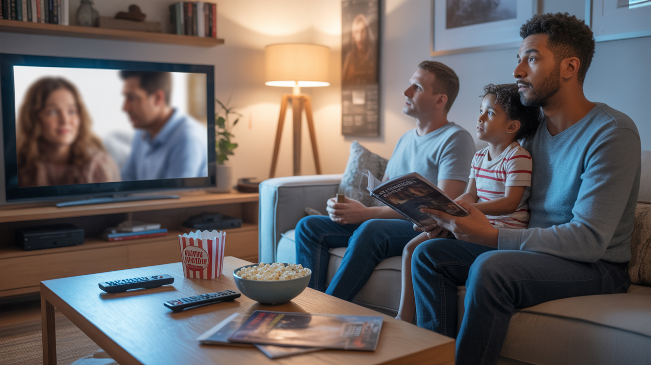 Salon chaleureux et réaliste où une famille se prépare à regarder un film à la télévision, avec lumière naturelle et nombreux détails authentiques.