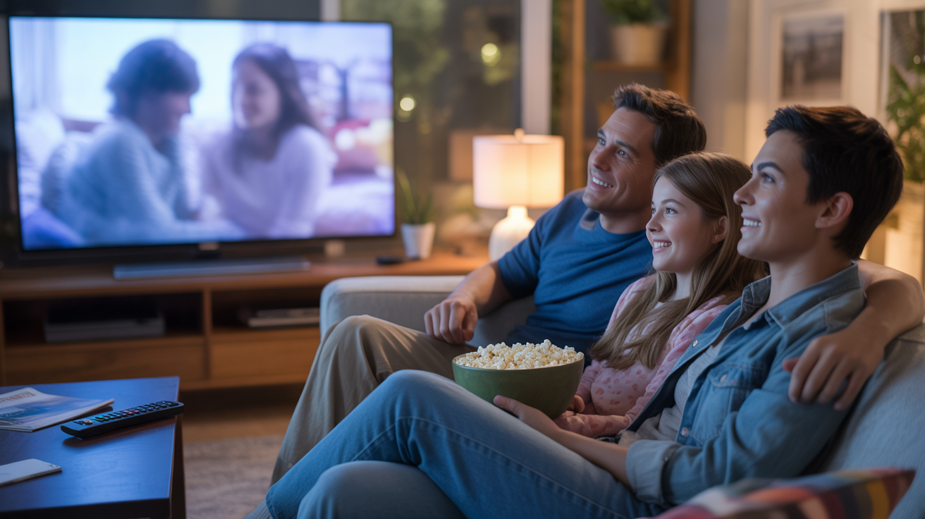 Salon moderne et chaleureux avec une famille regardant un film à la télévision dans une ambiance du soir réaliste.