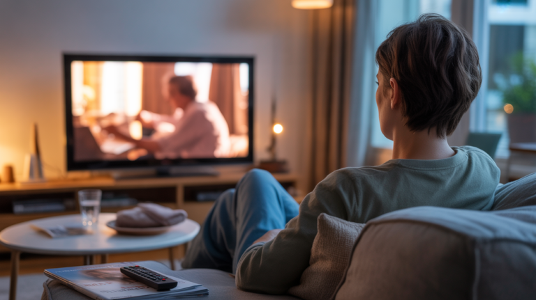 Salon français réaliste en soirée avec une personne de dos regardant un film à la télévision dans une ambiance chaleureuse et authentique.