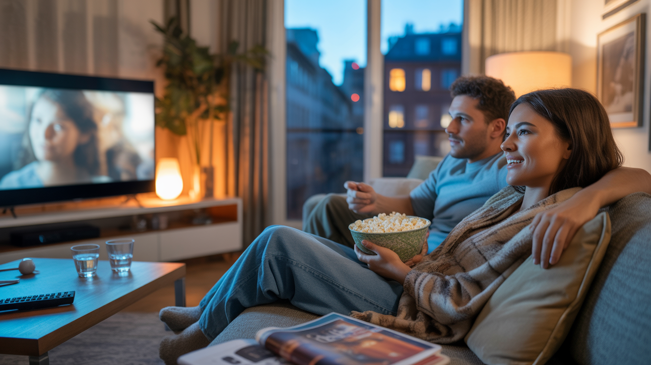 Salon chaleureux un dimanche soir, avec un couple regardant un film à la télévision dans une ambiance réaliste et naturelle.