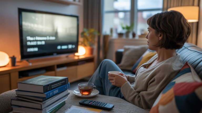 Salon chaleureux au crépuscule avec une personne prête à regarder des films et documentaires, ambiance réaliste et authentique.