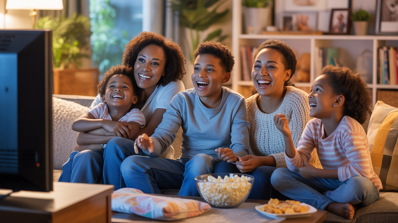 Famille réunie dans un salon chaleureux regardant un film à la télévision dans une ambiance naturelle et authentique.
