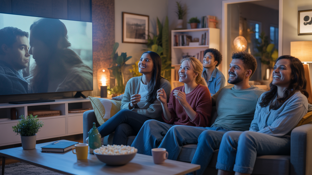 Salon chaleureux avec un groupe d’amis regardant un film sur une grande télévision, ambiance réaliste et naturelle.