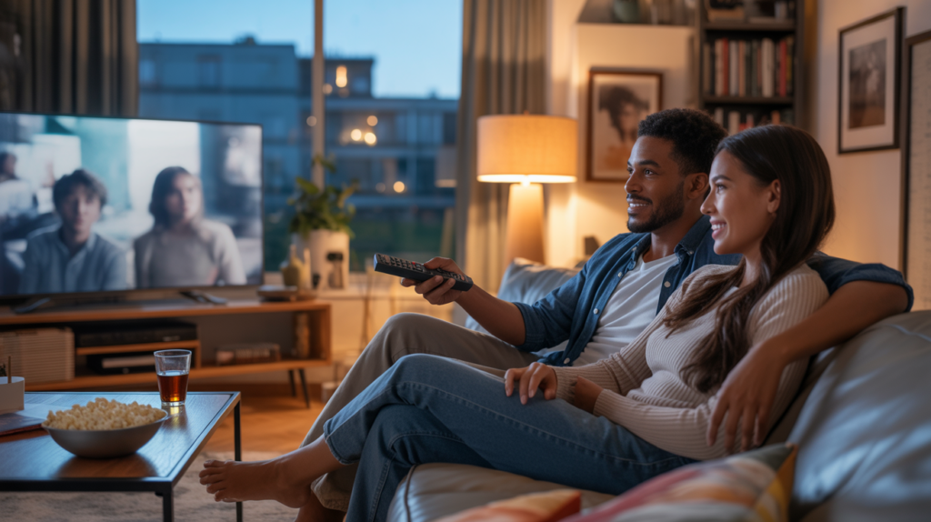Salon réaliste en soirée avec un couple choisissant un film à regarder à la télévision dans une ambiance chaleureuse.