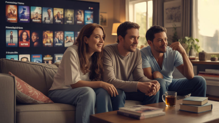 Scène réaliste d’un salon au coucher du soleil où des personnes regardent ensemble un film, avec une ambiance chaleureuse et naturelle.