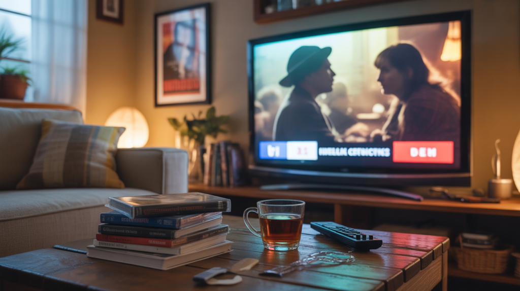 Salon réaliste en fin d’après‑midi avec une télévision diffusant une rétrospective de films, décor chaleureux, objets de cinéma vintage et ambiance authentique et naturelle.