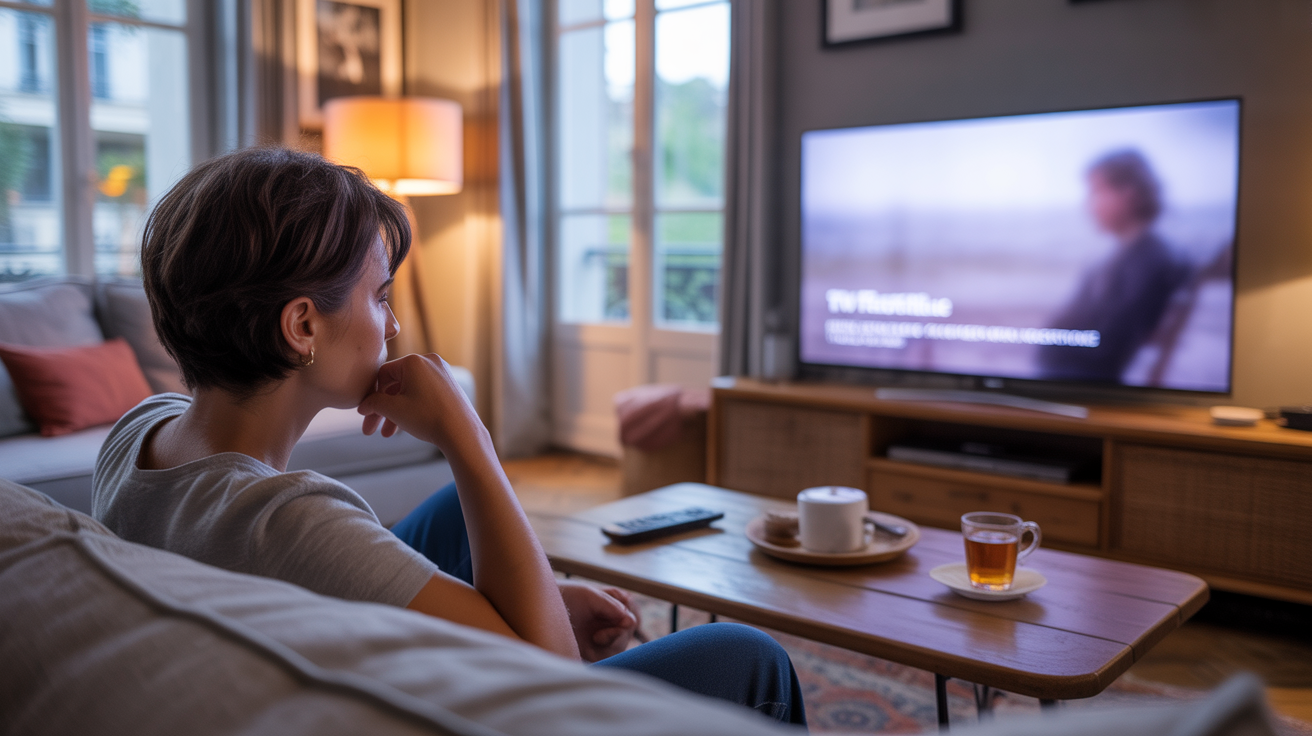 Salon français chaleureux au crépuscule avec une télévision allumée et une ambiance réaliste évoquant une soirée film sur France 2.