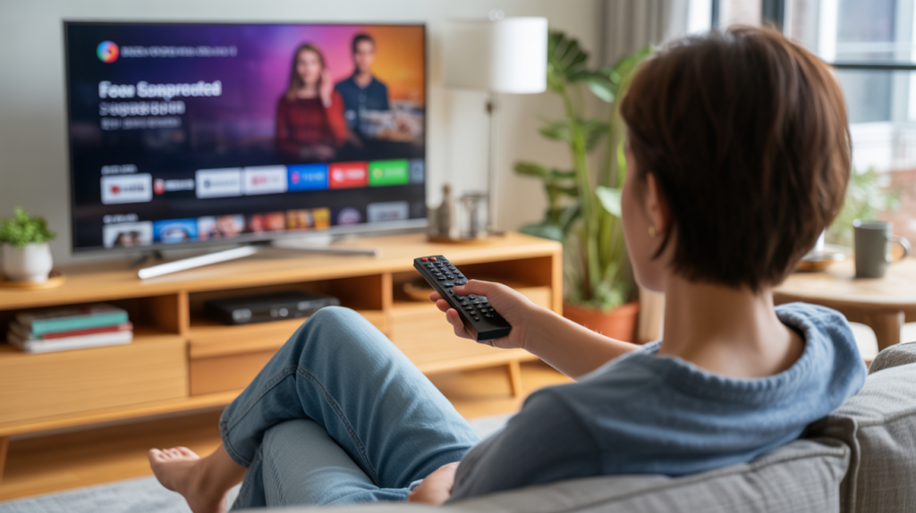 Salon moderne réaliste avec une personne vue de dos regardant un service de streaming gratuit sur une télévision, ambiance chaleureuse et naturelle.