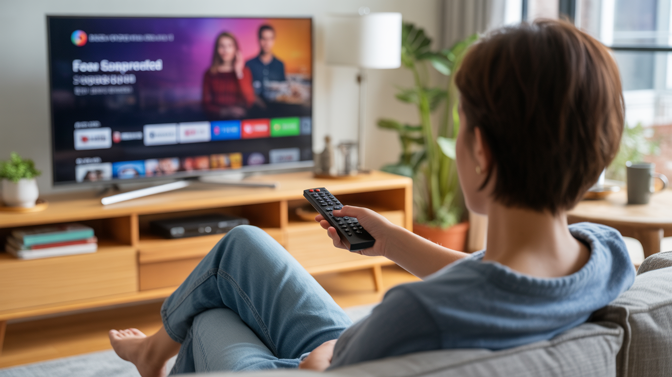 Salon moderne réaliste avec une personne vue de dos regardant un service de streaming gratuit sur une télévision, ambiance chaleureuse et naturelle.