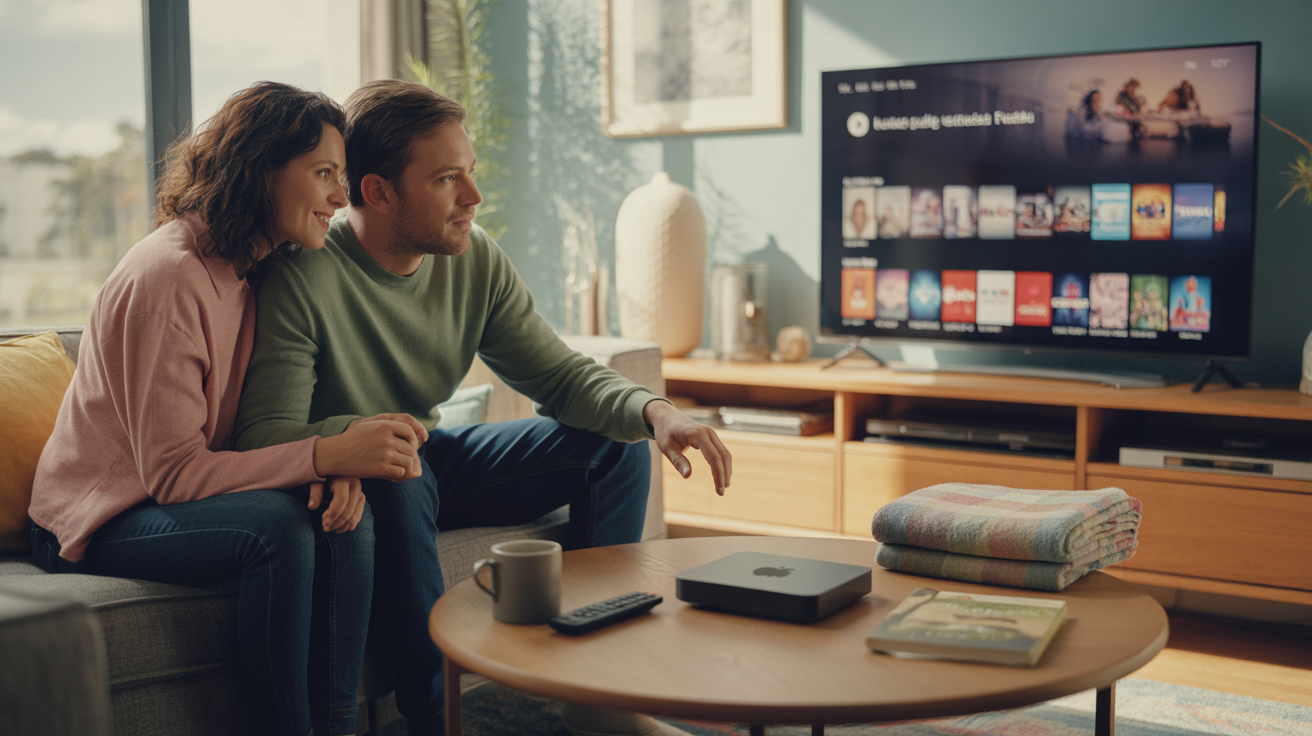 Salon moderne et chaleureux avec un couple regardant une plateforme de streaming sur un grand téléviseur, ambiance réaliste et naturelle.