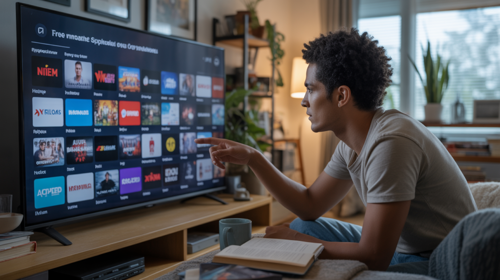 Scène réaliste d’une personne dans un salon moderne de 2026 parcourant des plateformes de streaming gratuites sur une grande télévision.