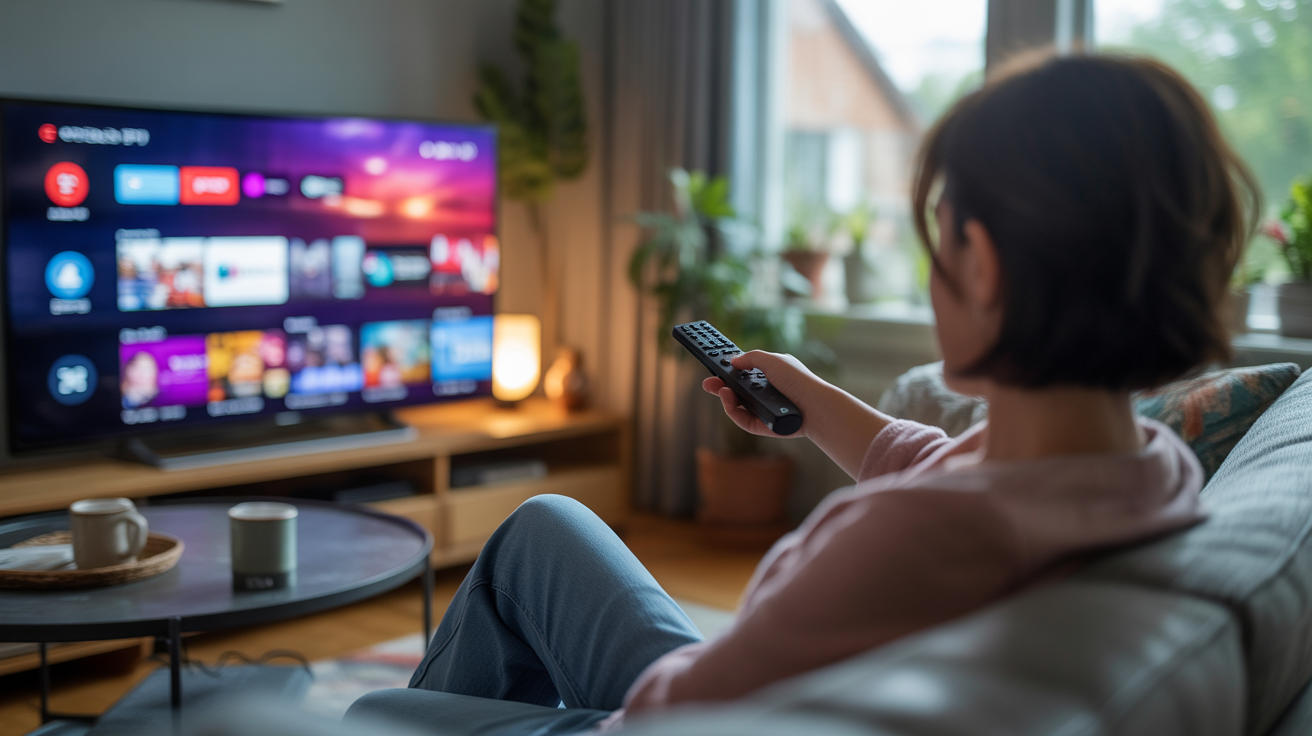 Salon réaliste au crépuscule avec une personne regardant des chaînes en streaming gratuites sur une smart TV dans une ambiance naturelle et chaleureuse.