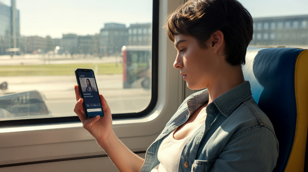 Personne en situation de voyage téléchargeant une vidéo pour la regarder hors connexion, dans un environnement réel et naturel.