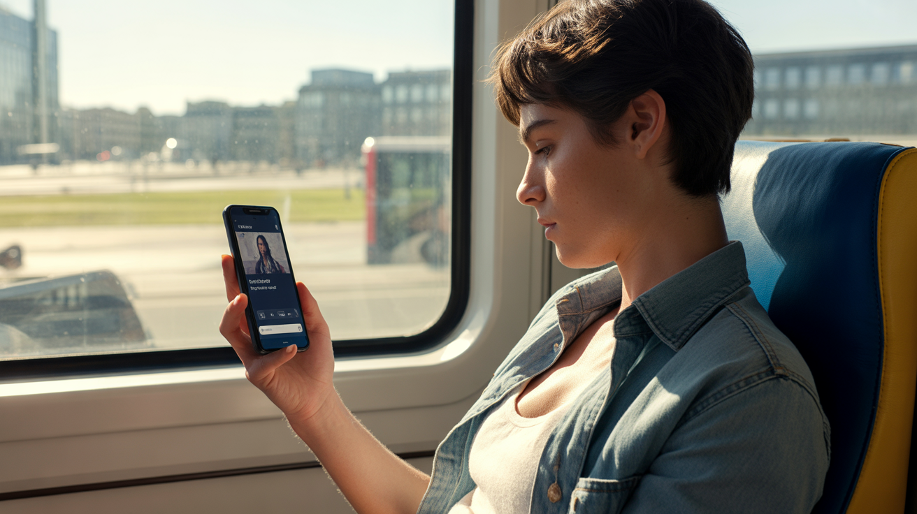 Personne en situation de voyage téléchargeant une vidéo pour la regarder hors connexion, dans un environnement réel et naturel.