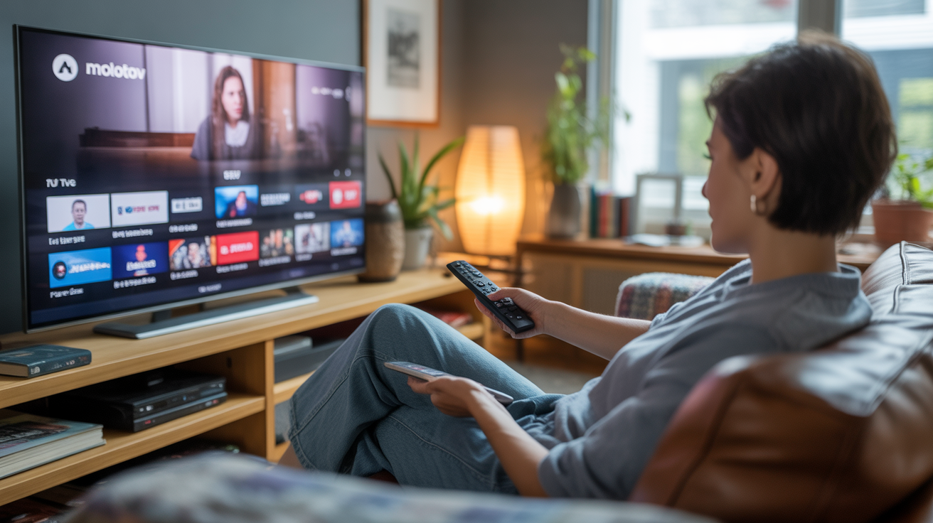 Personne dans un salon moderne et chaleureux regardant la télévision sur une smart TV avec une interface réaliste, ambiance naturelle et couleurs vives.