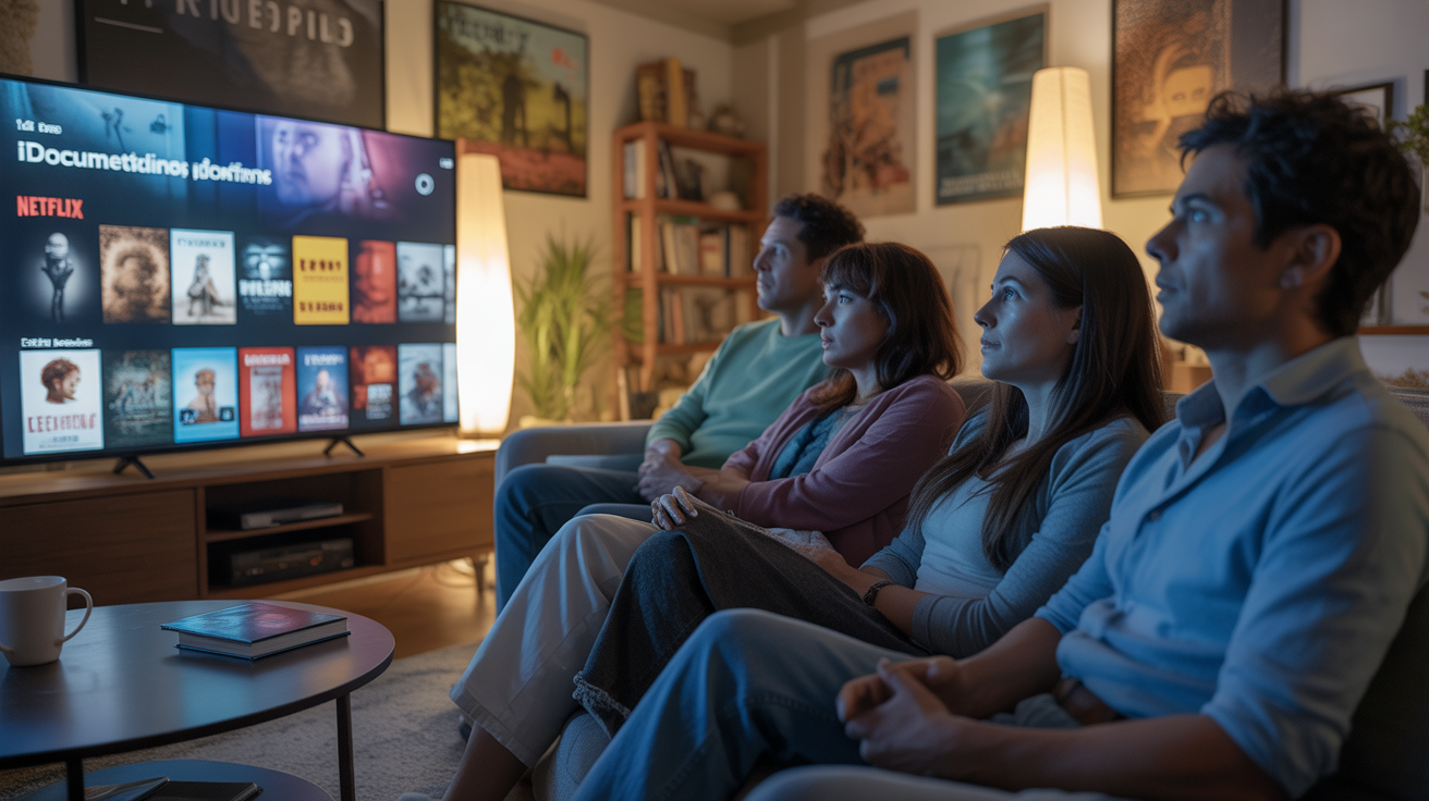 Salon réaliste avec un groupe de personnes regardant un écran affichant une sélection de documentaires, ambiance naturelle et chaleureuse.