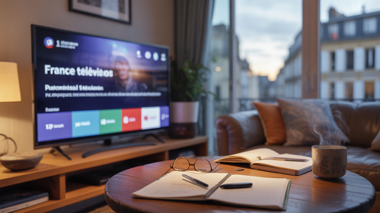 Salon français chaleureux avec télévision affichant l’interface de France TV, ambiance réaliste au crépuscule avec objets du quotidien et décor authentique.