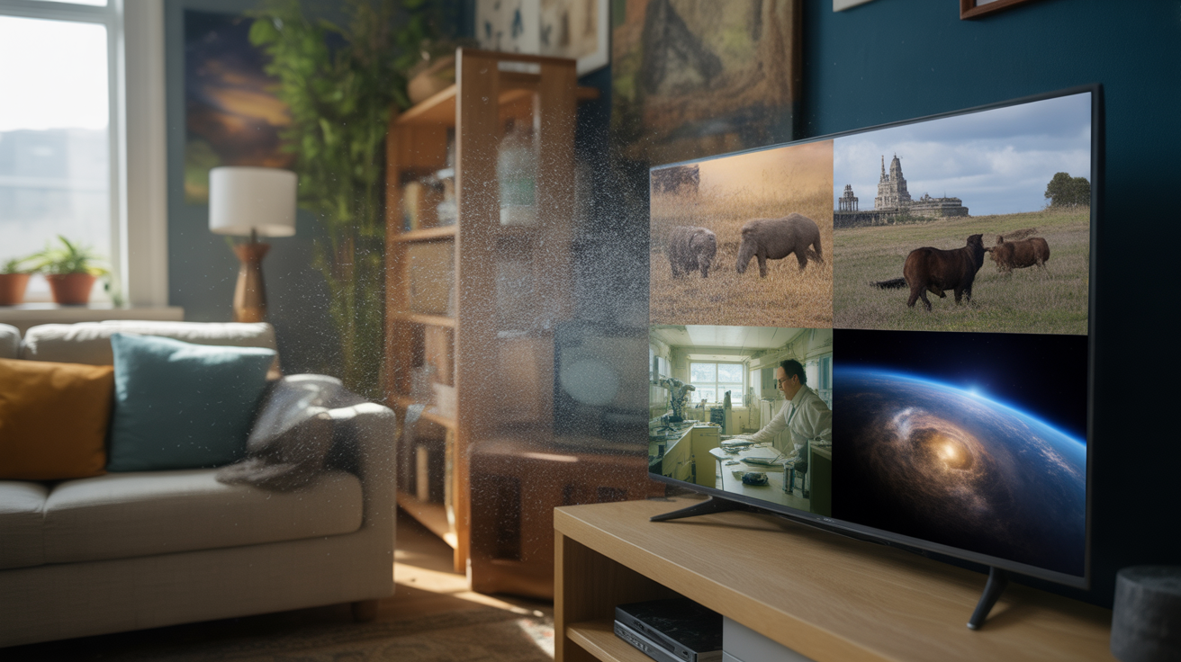 Salon réaliste avec une télévision montrant différentes scènes documentaires naturelles, historiques, scientifiques et spatiales, dans une ambiance authentique et vivante.