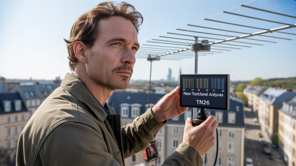Technicien ajustant une antenne TV sur un toit urbain en 2026 avec un paysage réaliste et naturel.