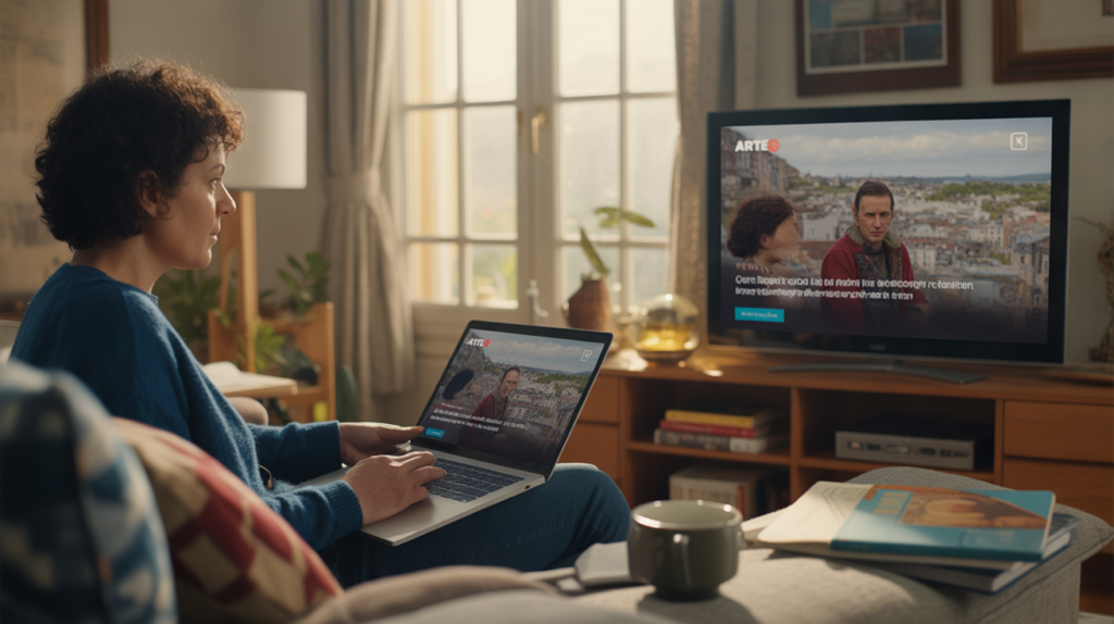Personne regardant un documentaire sur ARTE dans un salon chaleureux et réaliste