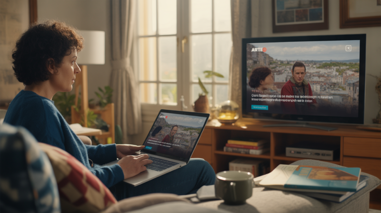 Personne regardant un documentaire sur ARTE dans un salon chaleureux et réaliste