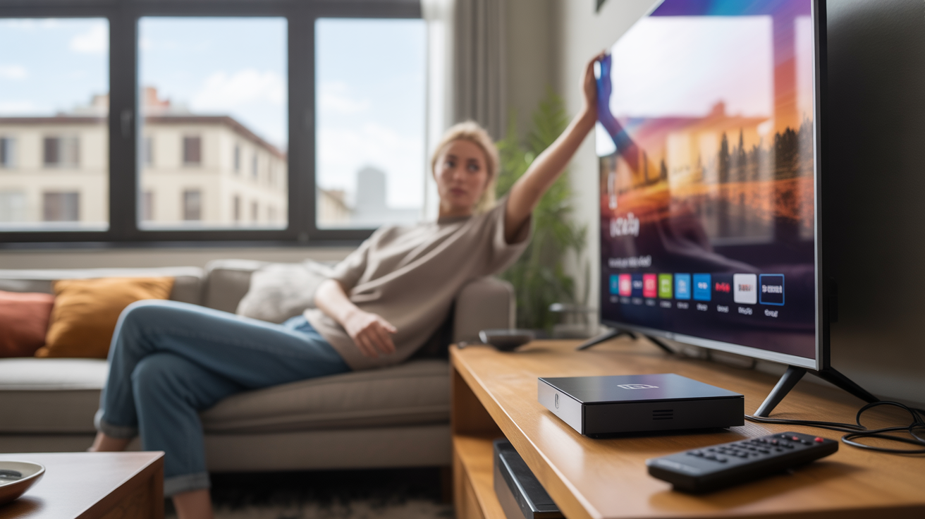 Salon moderne avec une box Android TV sur un meuble en bois, une télévision 4K allumée et une personne se relaxant dans un décor réaliste et naturel.