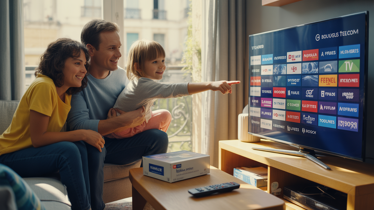 Salon français moderne avec une famille consultant une grille de chaînes Bouygues sur un téléviseur réaliste, éclairage naturel et scène authentique.