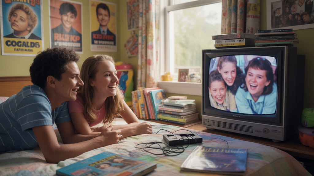 Scène réaliste d’une chambre d’ado des années 90 avec des objets emblématiques, une télévision à tube et des silhouettes de jeunes regardant une série.