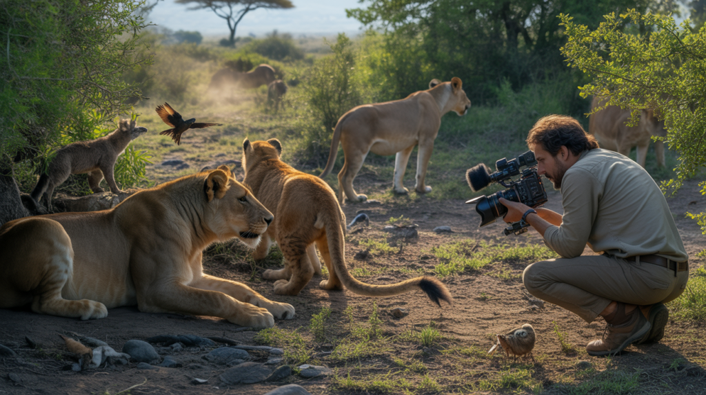 Scène réaliste d’un cinéaste animalier filmant la vie sauvage au lever du soleil, avec animaux et paysage naturel détaillés.