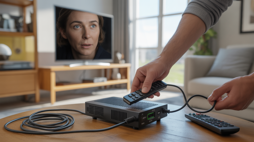 Personne connectant un décodeur TNT HD moderne dans un salon réel et lumineux, avec détails authentiques et atmosphère naturelle.