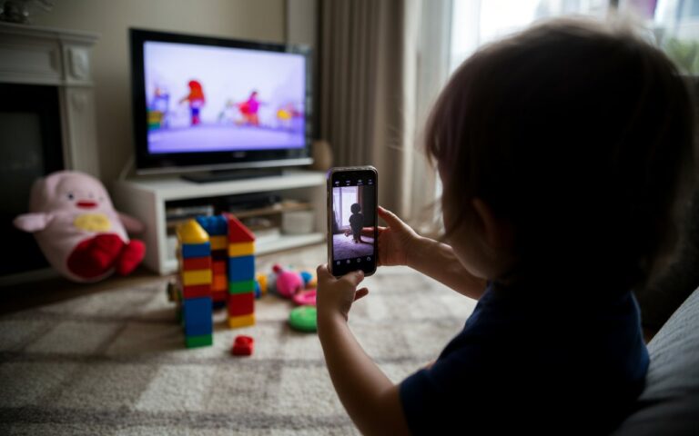 Tapis, jouets, peluche, télé dessin animé floue.