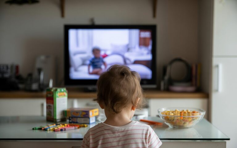 Enfant de dos devant télé floue, crayons et céréales.