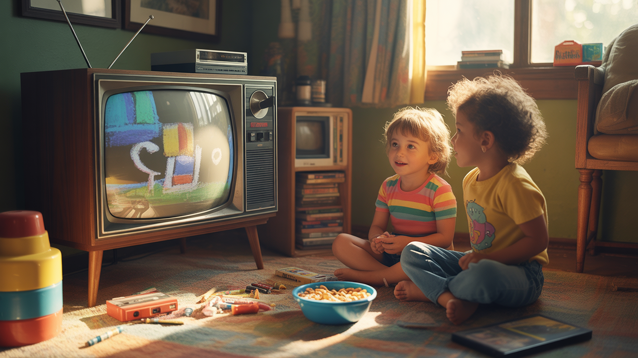 Scène réaliste d’un salon des années 80 avec des enfants regardant des dessins animés sur une vieille télévision.