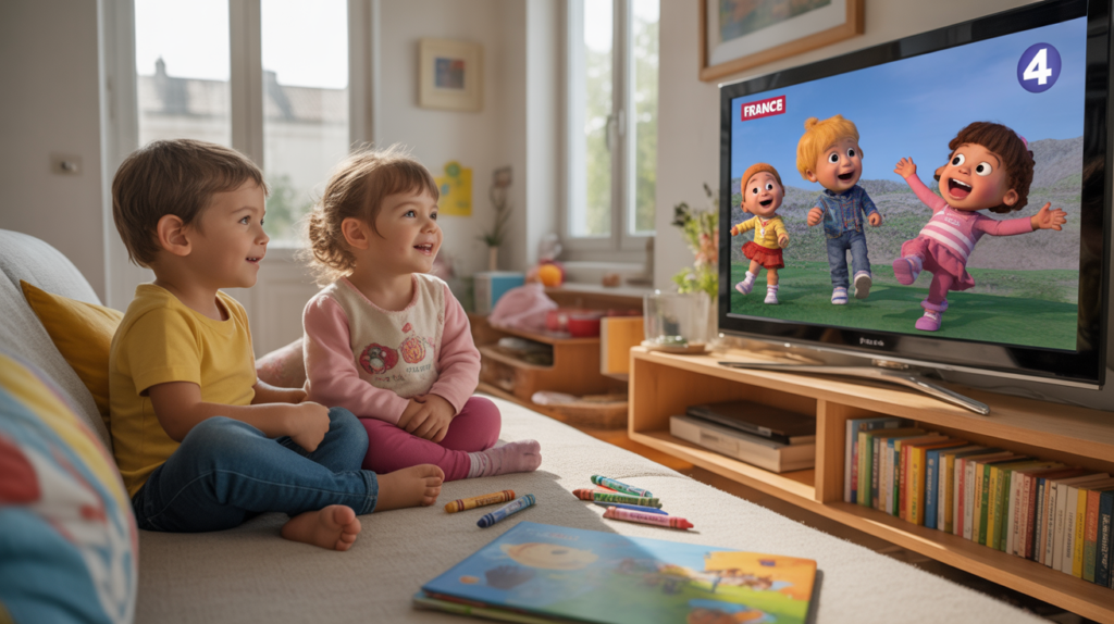 Deux enfants regardent des dessins animés sur France 4 dans un salon familial chaleureux et réaliste.