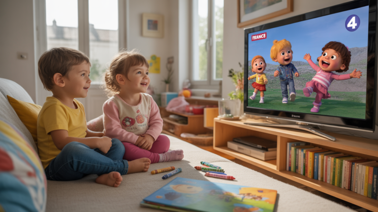 Deux enfants regardent des dessins animés sur France 4 dans un salon familial chaleureux et réaliste.